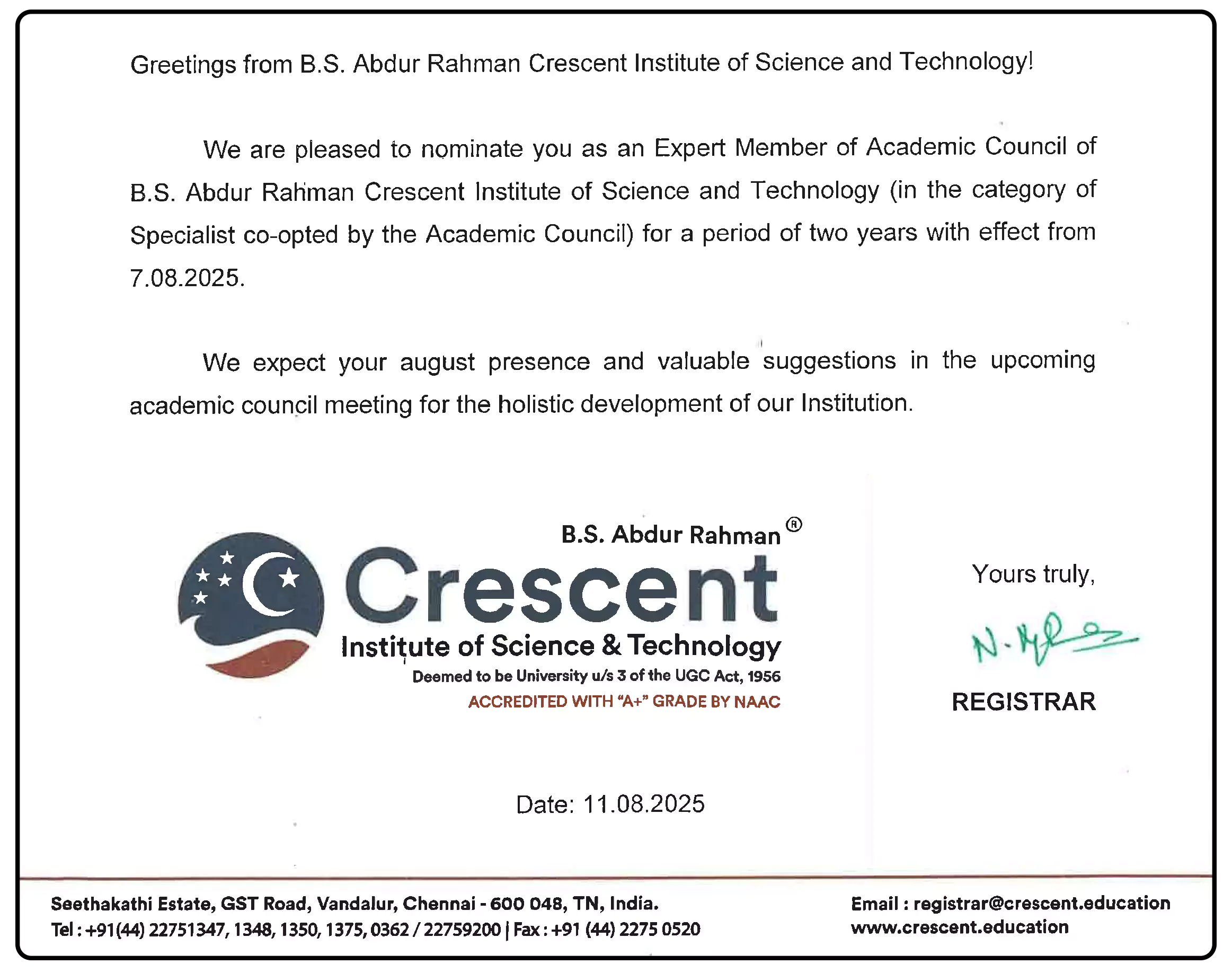 Dr. Gopal Sivakumar Joins Academic Council | Crescent – Institute of Science & Technology